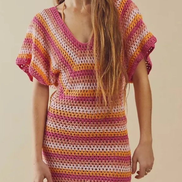 Flook x Free People Eden XS & Med Pink Striped Crochet Handmade Knit Cover-Up - Picture 2 of 5